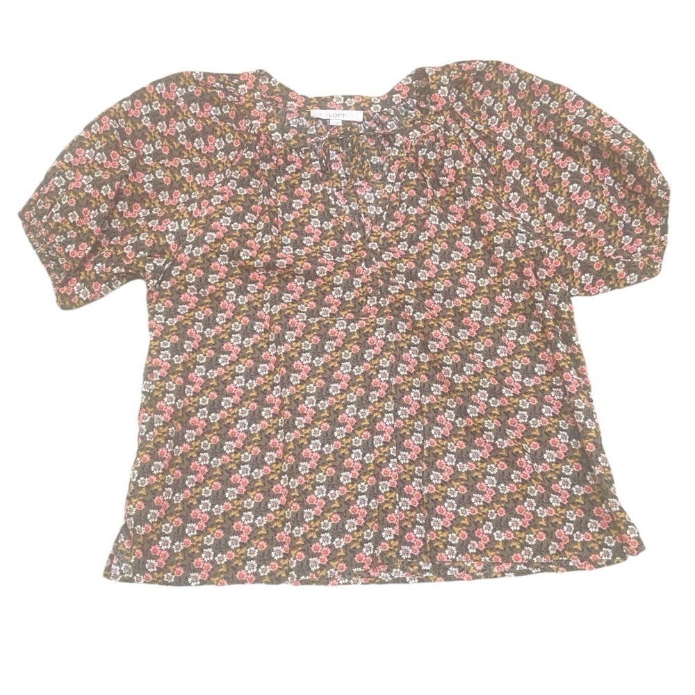 Loft olive peach floral peasant cotton blouse split neck puff sleeves medium - Picture 2 of 11